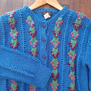 Vintage Asi 100% Pure Wool Sweater Cardigan Womens M 6 Blue Embroidered Handmade
